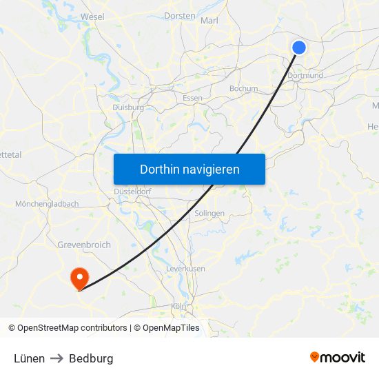 Lünen to Bedburg map