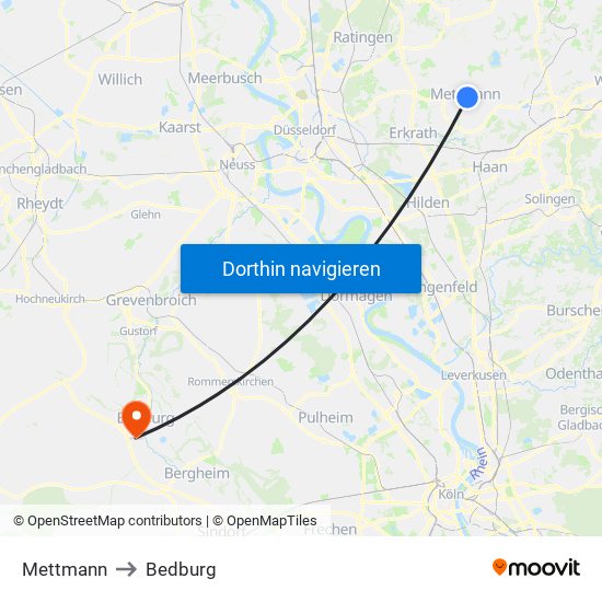 Mettmann to Bedburg map