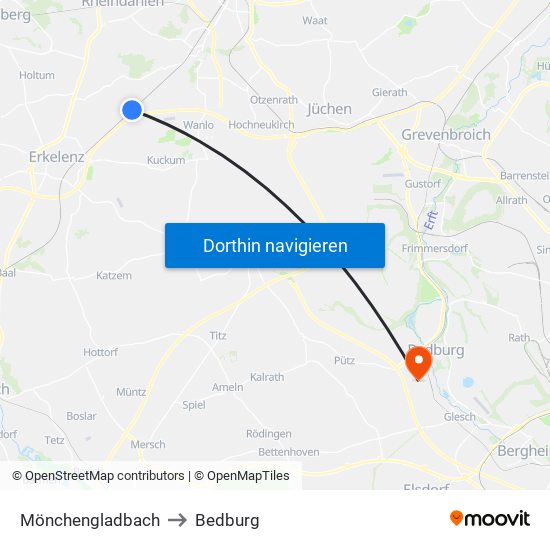 Mönchengladbach to Bedburg map