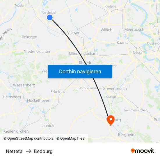 Nettetal to Bedburg map