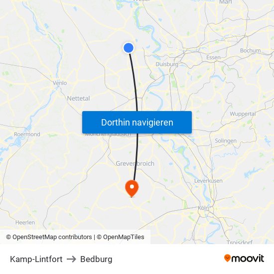 Kamp-Lintfort to Bedburg map