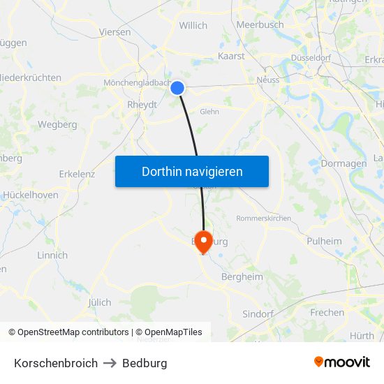 Korschenbroich to Bedburg map