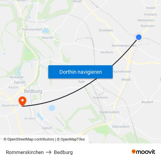 Rommerskirchen to Bedburg map