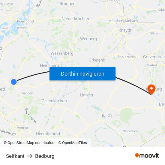 Selfkant to Bedburg map