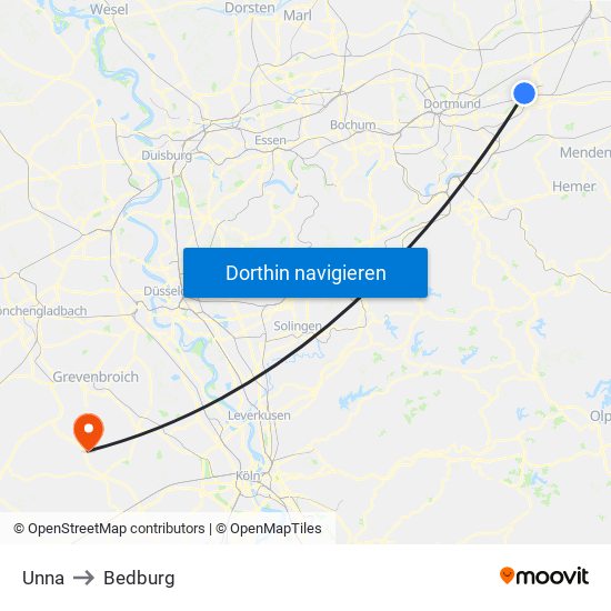 Unna to Bedburg map