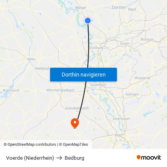 Voerde (Niederrhein) to Bedburg map