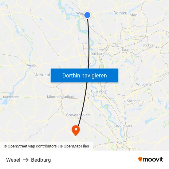 Wesel to Bedburg map