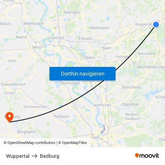 Wuppertal to Bedburg map