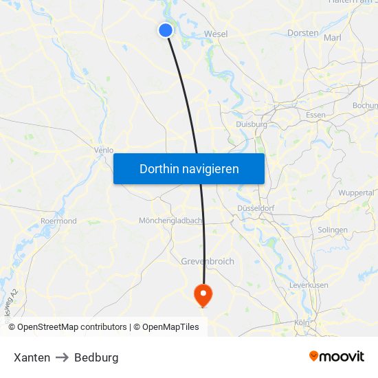 Xanten to Bedburg map