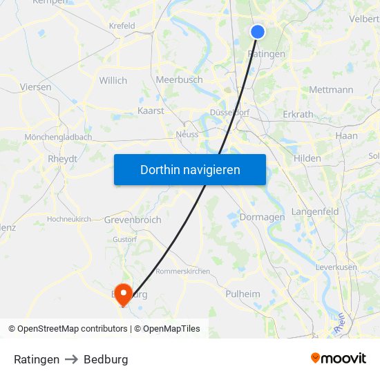 Ratingen to Bedburg map