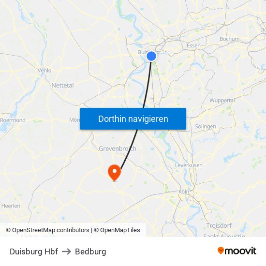 Duisburg Hbf to Bedburg map