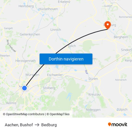 Aachen, Bushof to Bedburg map