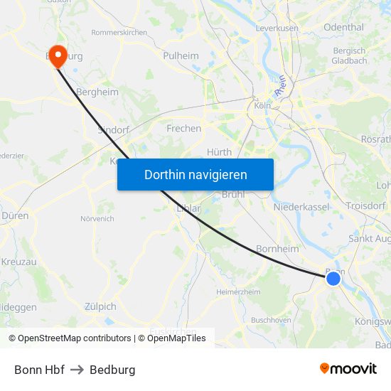 Bonn Hbf to Bedburg map