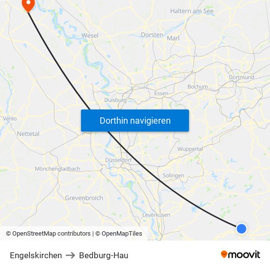 Engelskirchen to Bedburg-Hau map