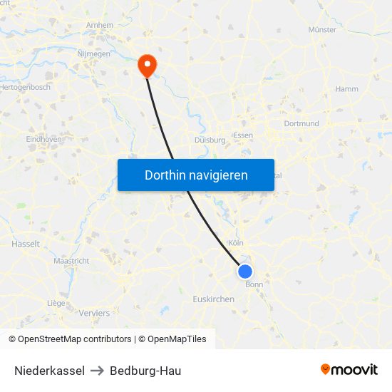 Niederkassel to Bedburg-Hau map