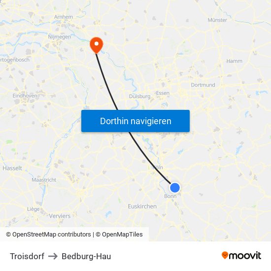 Troisdorf to Bedburg-Hau map