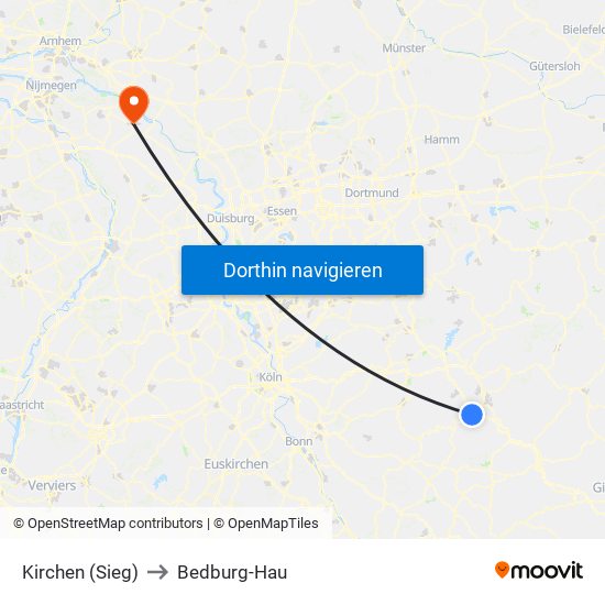 Kirchen (Sieg) to Bedburg-Hau map