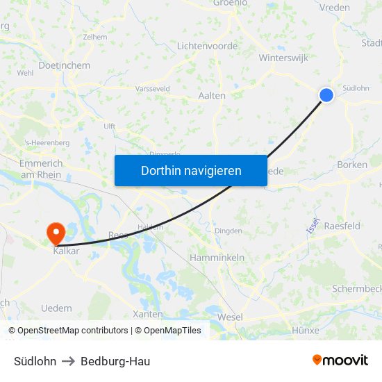 Südlohn to Bedburg-Hau map