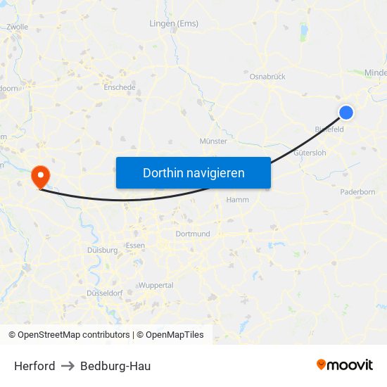 Herford to Bedburg-Hau map