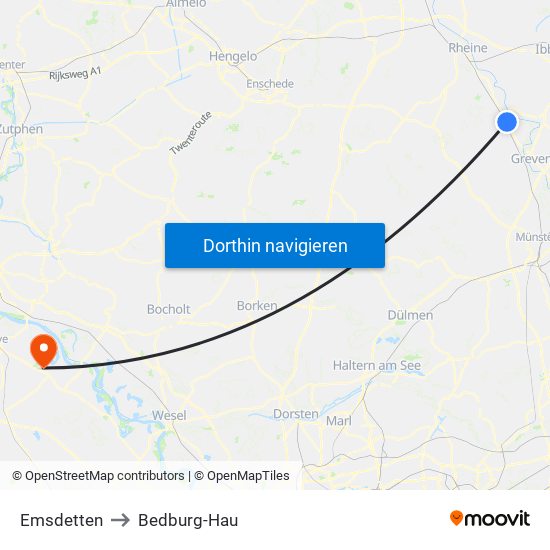 Emsdetten to Bedburg-Hau map