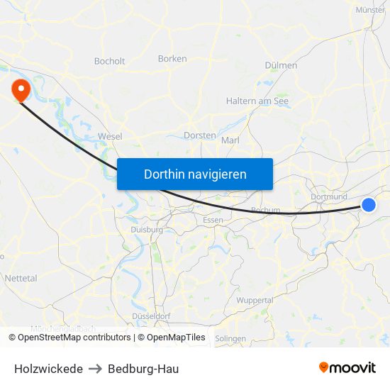 Holzwickede to Bedburg-Hau map