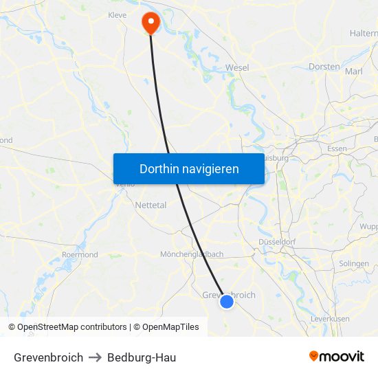 Grevenbroich to Bedburg-Hau map