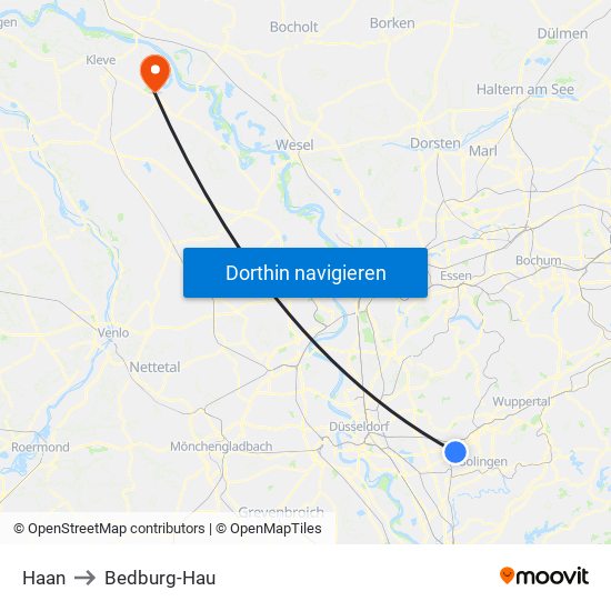 Haan to Bedburg-Hau map
