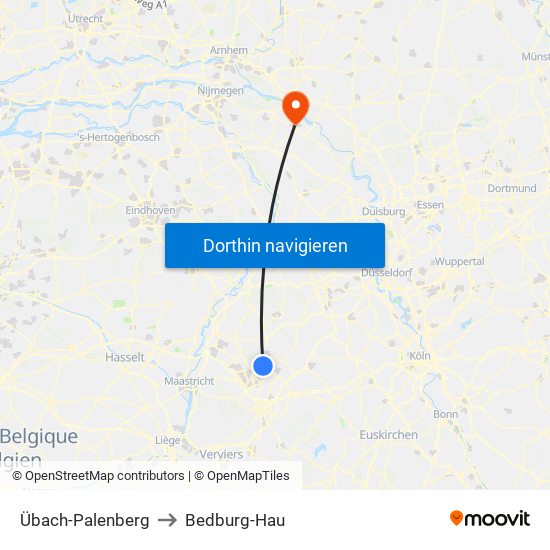 Übach-Palenberg to Bedburg-Hau map