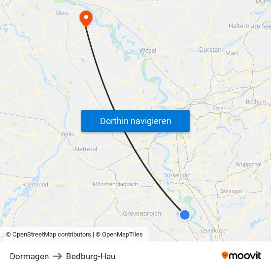 Dormagen to Bedburg-Hau map