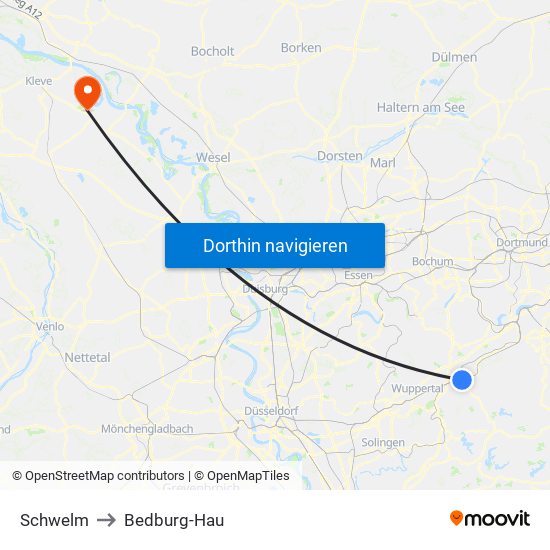 Schwelm to Bedburg-Hau map