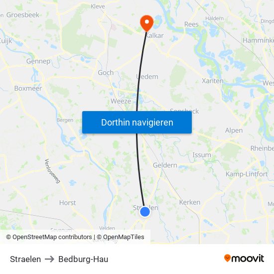 Straelen to Bedburg-Hau map