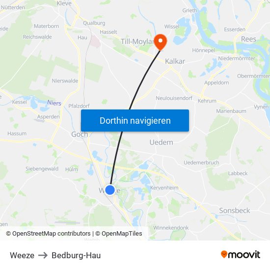 Weeze to Bedburg-Hau map