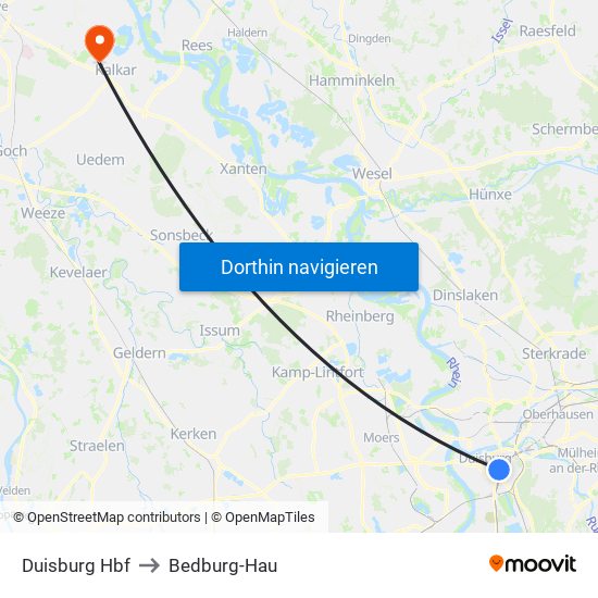 Duisburg Hbf to Bedburg-Hau map