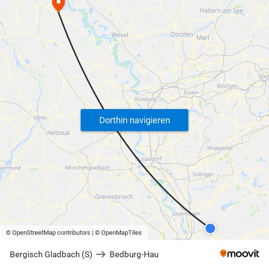 Bergisch Gladbach (S) to Bedburg-Hau map