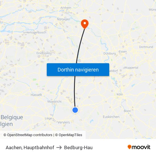 Aachen, Hauptbahnhof to Bedburg-Hau map