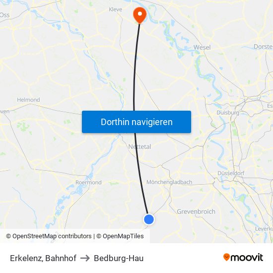 Erkelenz, Bahnhof to Bedburg-Hau map