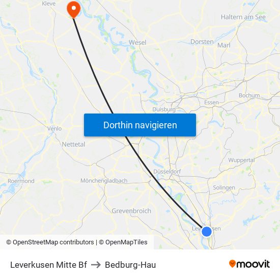 Leverkusen Mitte Bf to Bedburg-Hau map