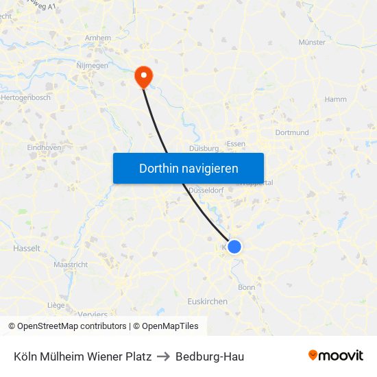 Köln Mülheim Wiener Platz to Bedburg-Hau map