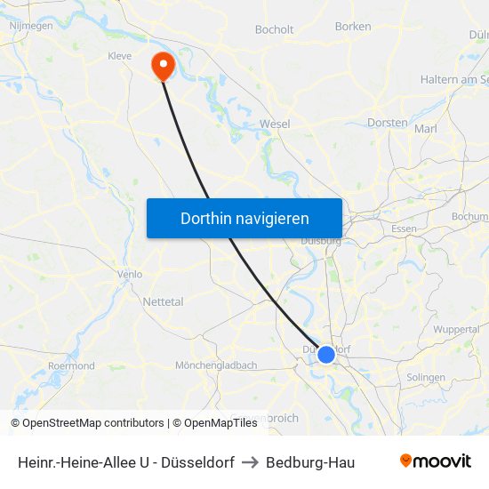 Heinr.-Heine-Allee U - Düsseldorf to Bedburg-Hau map