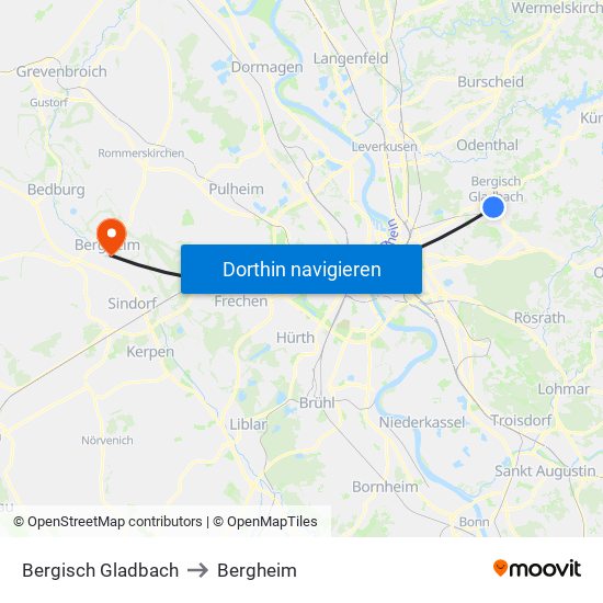 Bergisch Gladbach to Bergheim map