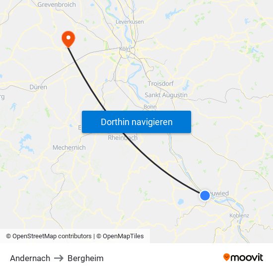 Andernach to Bergheim map