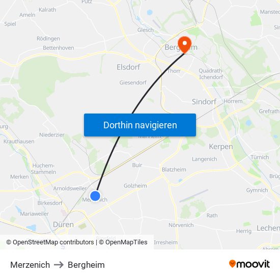 Merzenich to Bergheim map