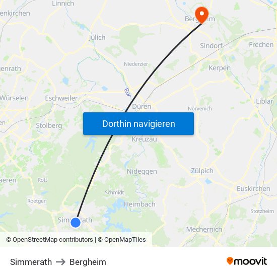 Simmerath to Bergheim map