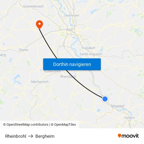 Rheinbrohl to Bergheim map