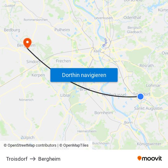 Troisdorf to Bergheim map