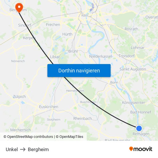 Unkel to Bergheim map