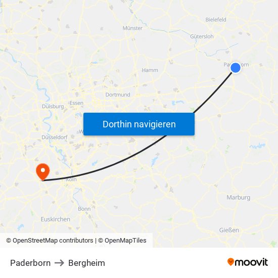 Paderborn to Bergheim map