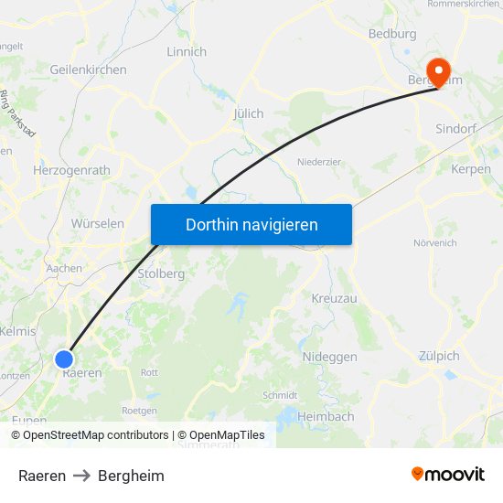 Raeren to Bergheim map