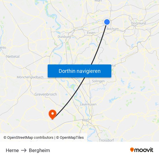 Herne to Bergheim map