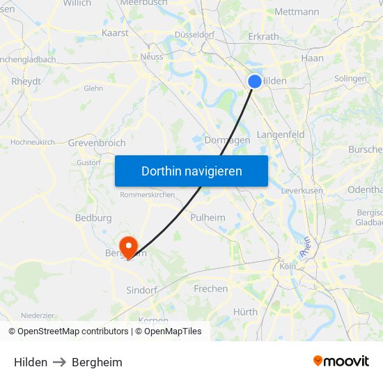 Hilden to Bergheim map